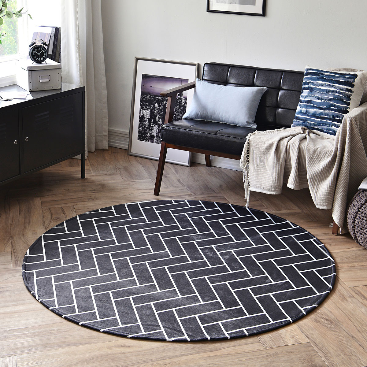 [침구연구소] 헤링본 나염 극세사 원형 카페트 사계절 러그 200R