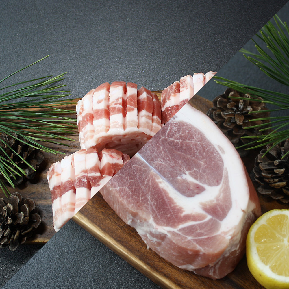 국내산 한돈 벌짚삼겹살 1kg + 수육용 미박앞다리살 1kg (500g 4팩/총2kg)