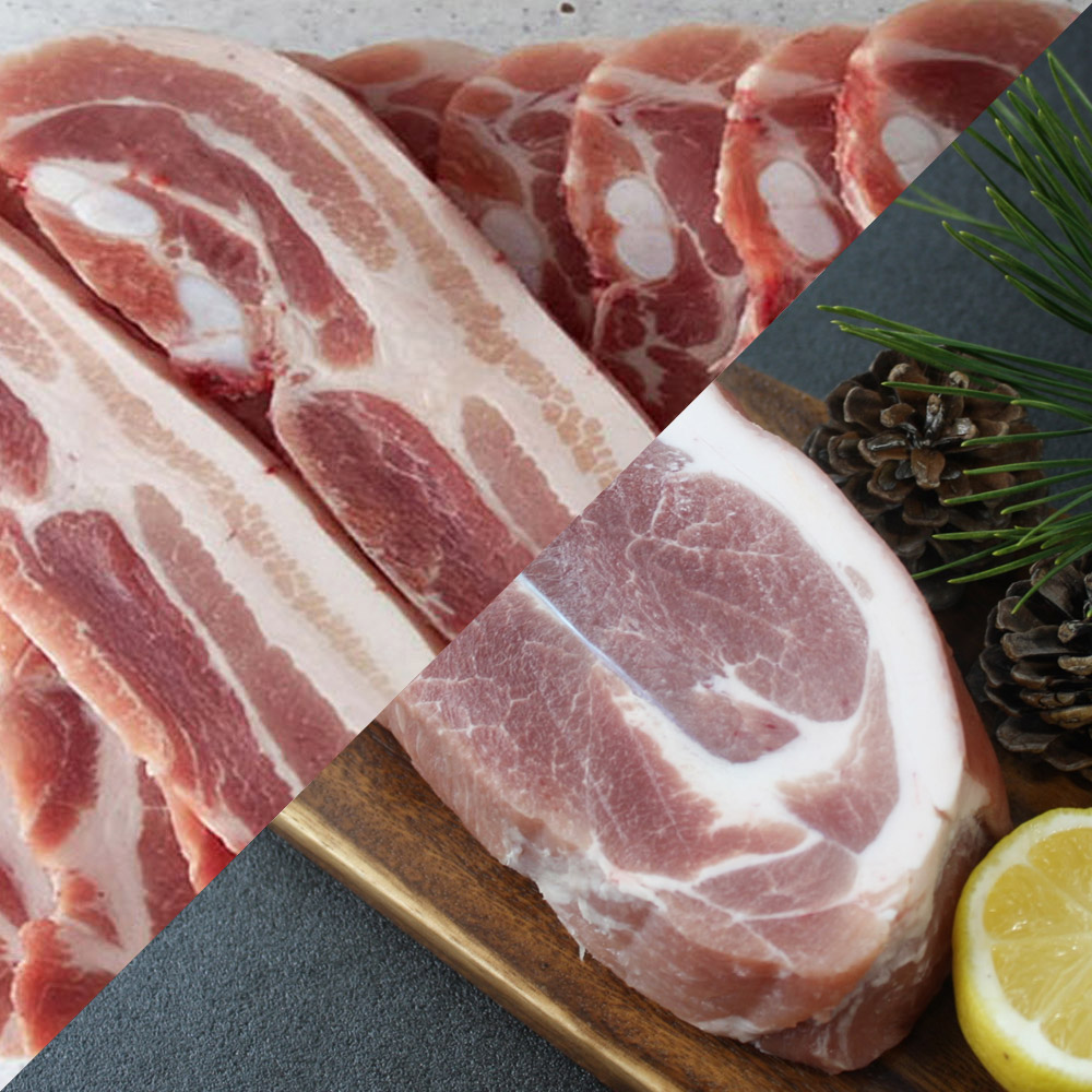 국내산 한돈 수육용 오겹살(미박삼겹) 1kg + 수육용 미박앞다리살 1kg (500g 4팩/총2kg)