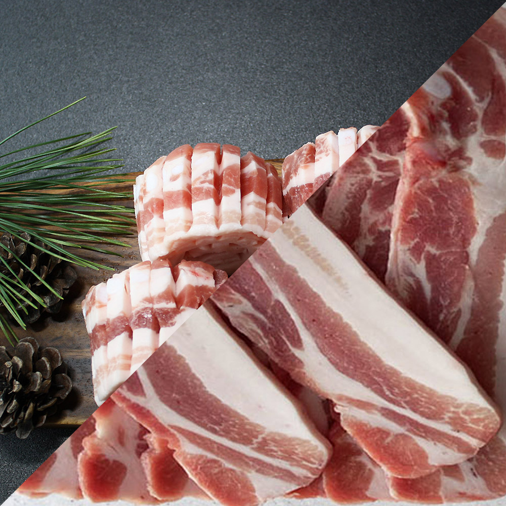 국내산 한돈 벌짚삼겹살 1kg + 수육용 오겹살(미박삼겹) 1kg (500g 4팩/총2kg)