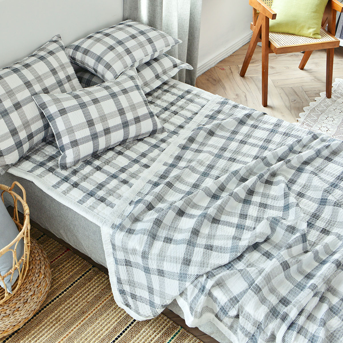 [침구연구소] 댄디체크 홑 시어서커 여름 이불패드세트 SS(이불+패드+베개커버)