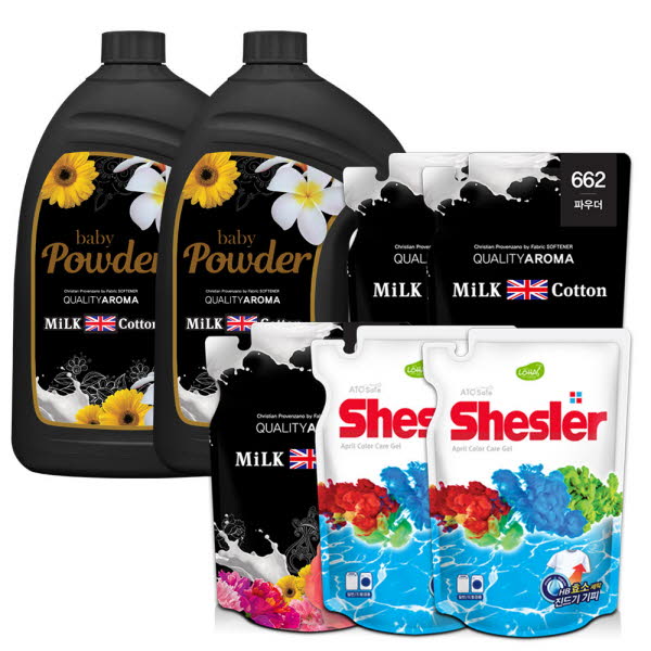밀크코튼 고농축 유연제 3.06L 파우더향 2개+유연제700ml 3개+세제 500ml 2개