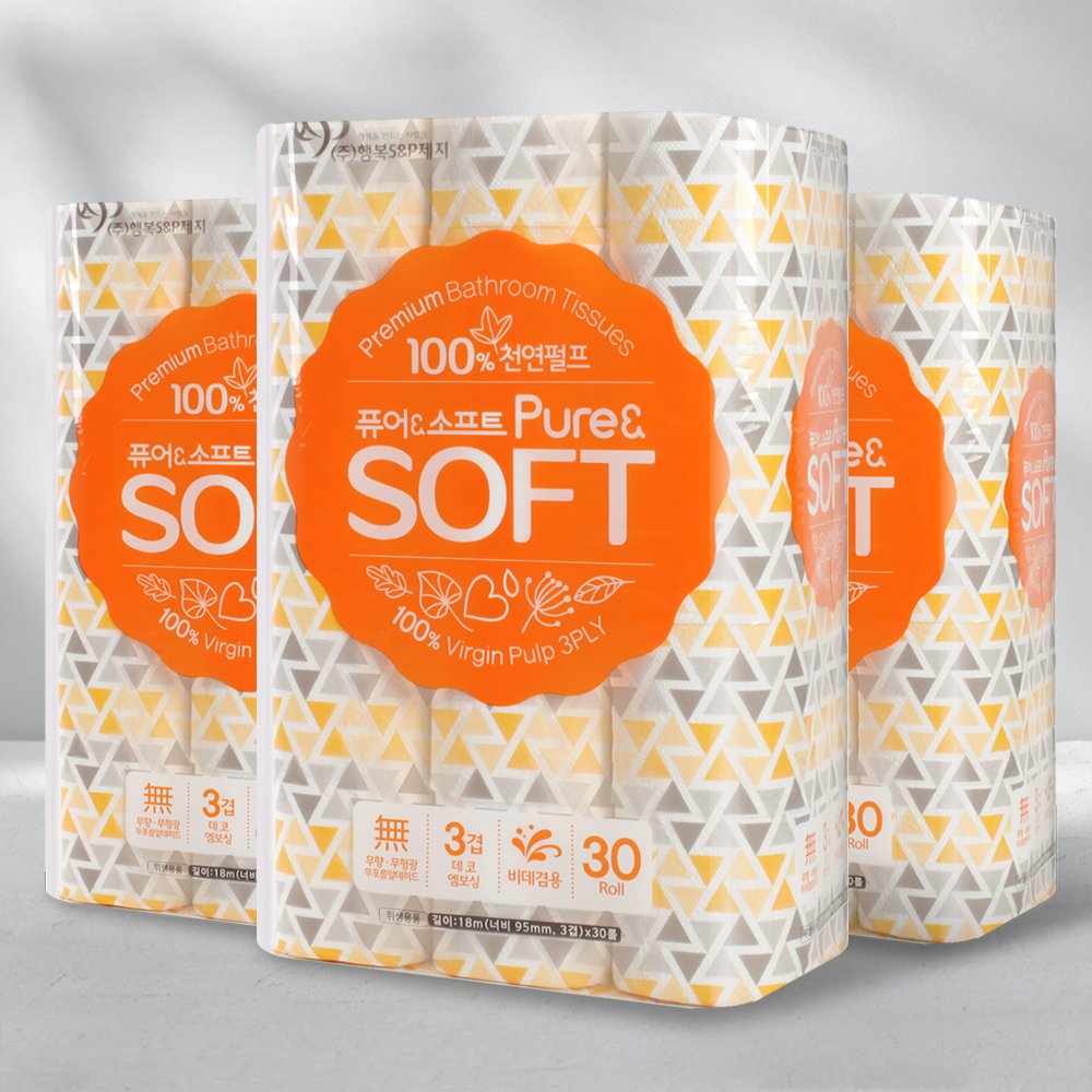 [행복에스앤피제지] 퓨어앤소프트 휴지 /3겹 18M 30롤×3EA