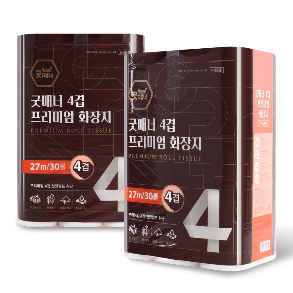 [행복S&P제지] 굿매너 4겹 프리미엄 휴지(화장지) 27M 30롤×2EA