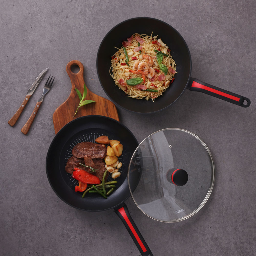 [쿠안] 레이디블랙 센서 3종 세트(28cm웍+28cm프라이팬+유리뚜껑28cm)