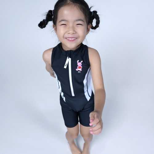 알앤엘 여아 5부 반전신 집업 실내수영복+수영모세트 S~XL까지 (블랙)