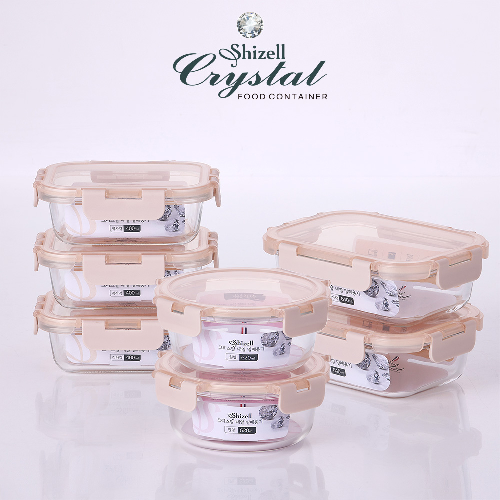 [쉬젤] 크리스탈 내열밀폐용기 혼합7종세트B_[원형2종(620ml*2ea)+직사각5종(640ml*2ea+400ml*3ea)]