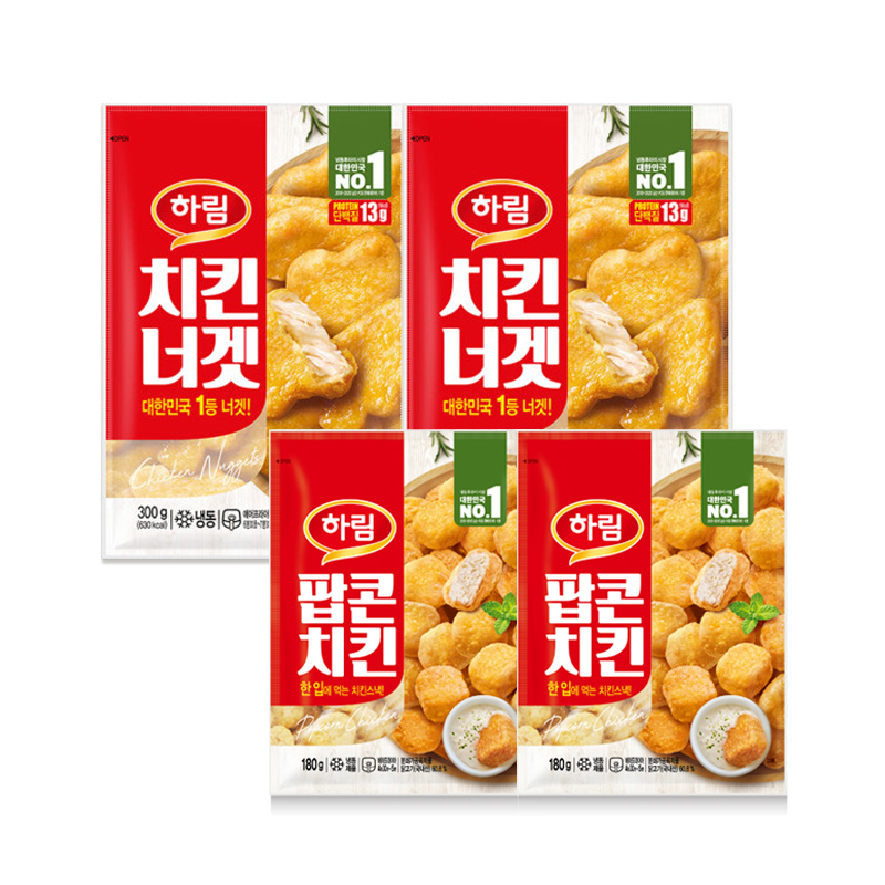 [하림] 치킨너겟 300g x 2개+팝콘치킨 180g x 2개
