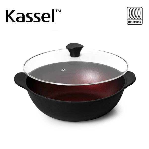 [Kassel] 카셀 버건디 티타늄 IH 인덕션 만능 전골냄비팬 28cm+유리뚜껑 28cm