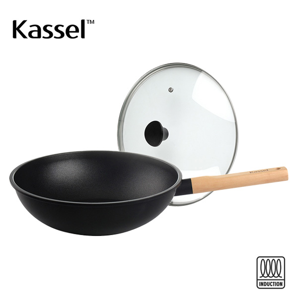 [Kassel] 카셀 하이브리드 인덕션(IH) 휠우드 궁중팬(웍) 28cm+유리뚜껑28cm