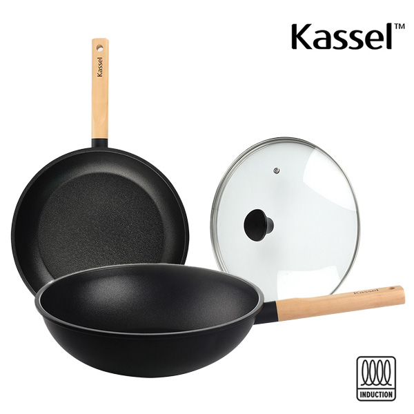 [Kassel] 카셀 하이브리드 인덕션(IH) 휠우드 티타늄 프라이팬 3종B세트(F28+W28+유리뚜껑28cm)