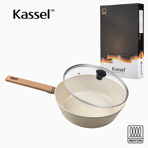 [Kassel] 카셀 인덕션 스톤 크림 세라믹코팅 궁중팬24cm+유리뚜껑24cm