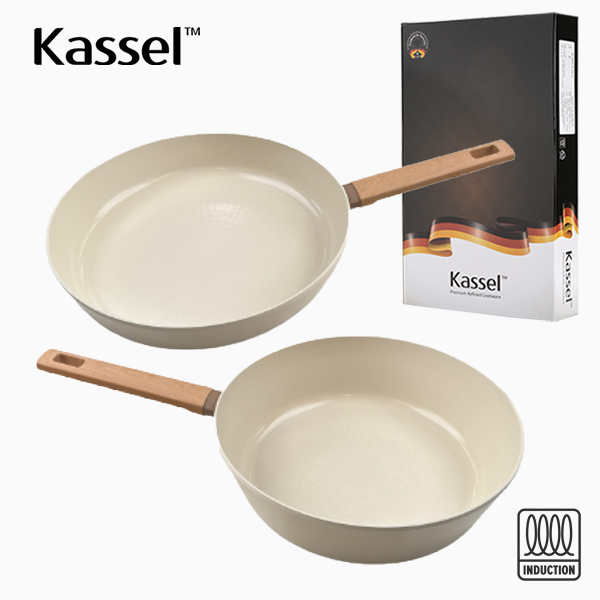 [Kassel] 카셀 인덕션 스톤 크림 세라믹코팅 후라이팬 2종A세트(F28cm+W28cm)