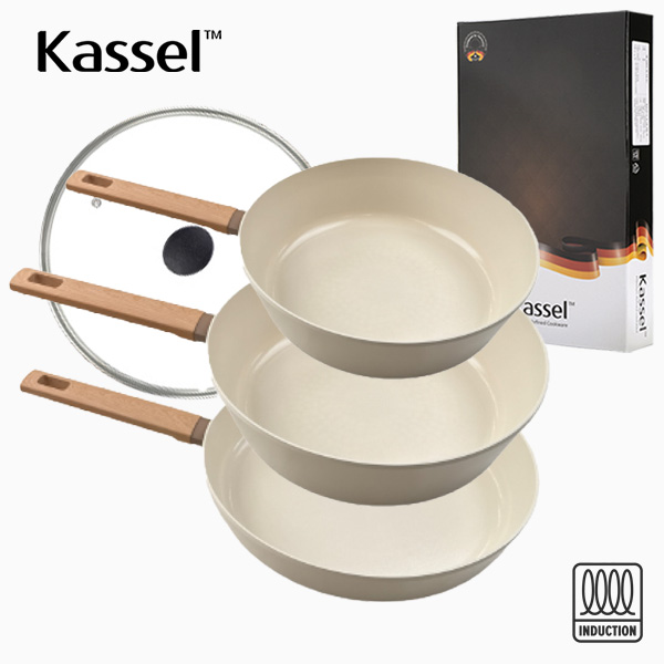 [Kassel] 카셀 인덕션 스톤 크림 세라믹코팅 후라이팬 4종세트(F28cm+W28cm+W24cm+GL28cm)