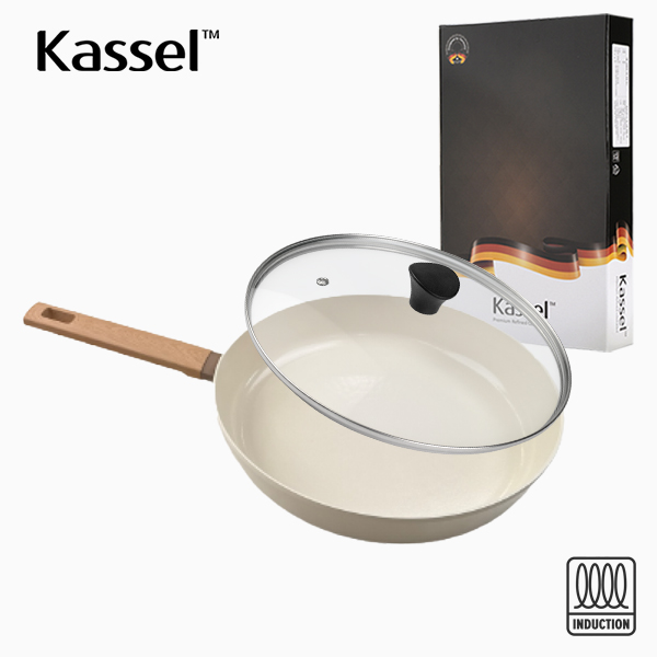 [Kassel] 카셀 인덕션 스톤 크림 세라믹코팅 후라이팬28cm+유리뚜껑28cm