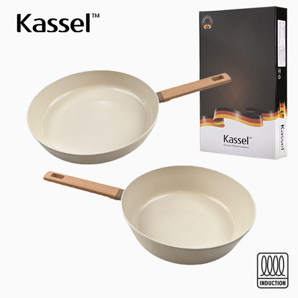 [Kassel] 카셀 인덕션 스톤 크림 세라믹코팅 후라이팬 2종B세트(F24cm+W24cm)