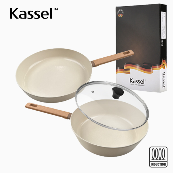 [Kassel] 카셀 인덕션 스톤 크림 세라믹코팅 후라이팬 3종 B세트(F24cm+W24cm+GL24cm)