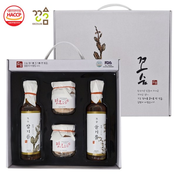 [꼬숨식품] 참기름1+들기름1+핑크솔트2 4종세트 (국내산)