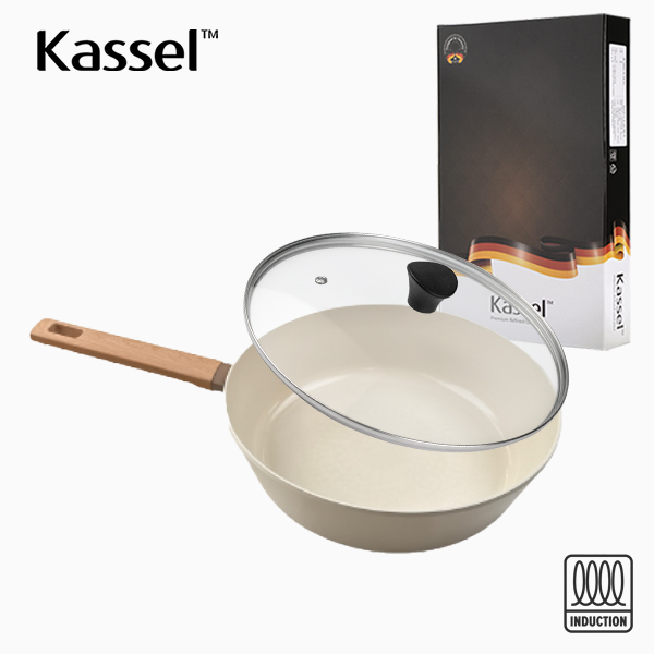 [Kassel] 카셀 인덕션 스톤 크림 세라믹코팅 궁중팬28cm+유리뚜껑28cm