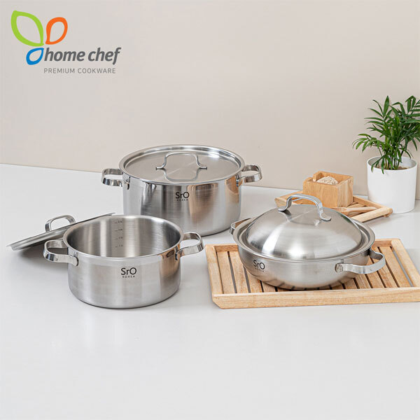 [홈셰프] SrO 통3중 스텐 냄비 3종세트(D형) HC-1206se-4(양수18Cm,양수20cm,파티웍24cm)