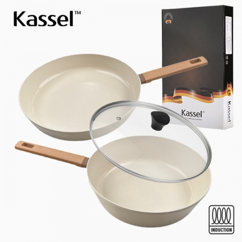 [Kassel] 카셀 인덕션 스톤 크림 세라믹코팅 후라이팬 3종 A세트(F28cm+W28cm+GL28cm)