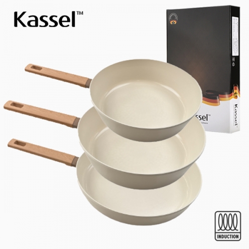 [Kassel] 카셀 인덕션 스톤 크림 세라믹코팅 후라이팬 3종 D세트(F28cm+W28cm+W24cm )