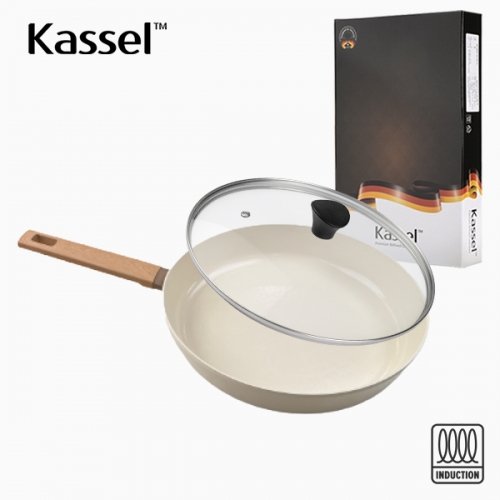 [Kassel] 카셀 인덕션 스톤 크림 세라믹코팅 후라이팬28cm+유리뚜껑28cm