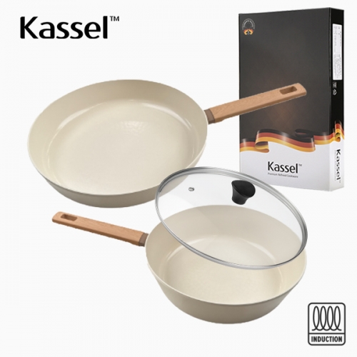 [Kassel] 카셀 인덕션 스톤 크림 세라믹코팅 후라이팬 3종 C세트(F28cm+W24cm+GL24cm)