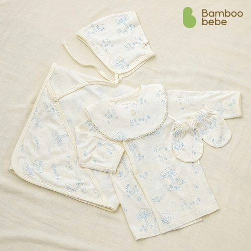 [밤부베베] (선물포장) 밤부 포레 GIFT 세트 5종(배냇저고리+아기보닛+턱받이+손싸개+속싸개)
